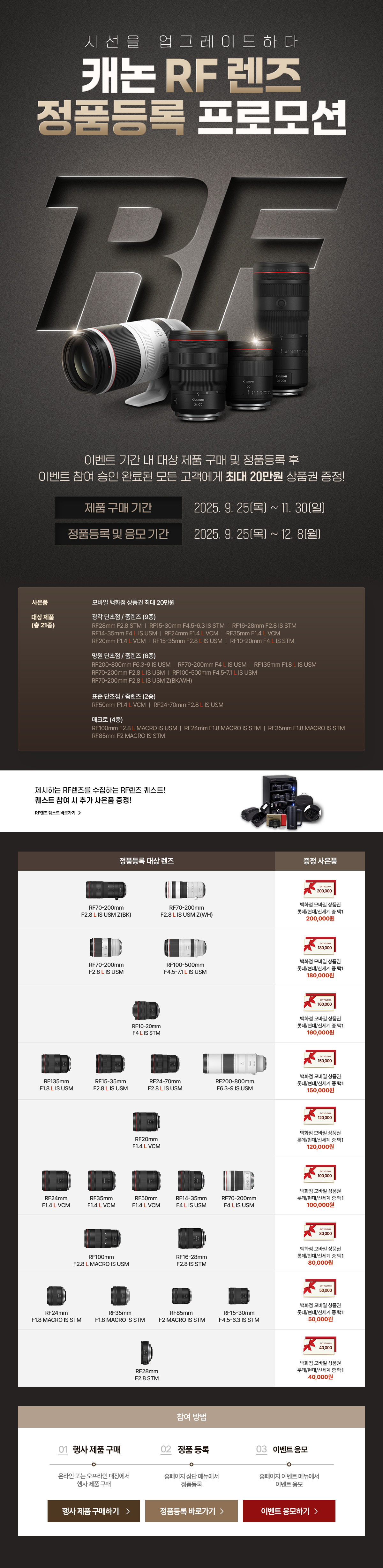 RF85mm F1.4 L VCM 출시 기념 정품등록 프로모션. 행사 기간 내 RF85m F1.4 L VCM 를 구매하시고 정품 등록 후 이벤트 응모 및 승인 완료된 모든 고객님께 사은품 증정