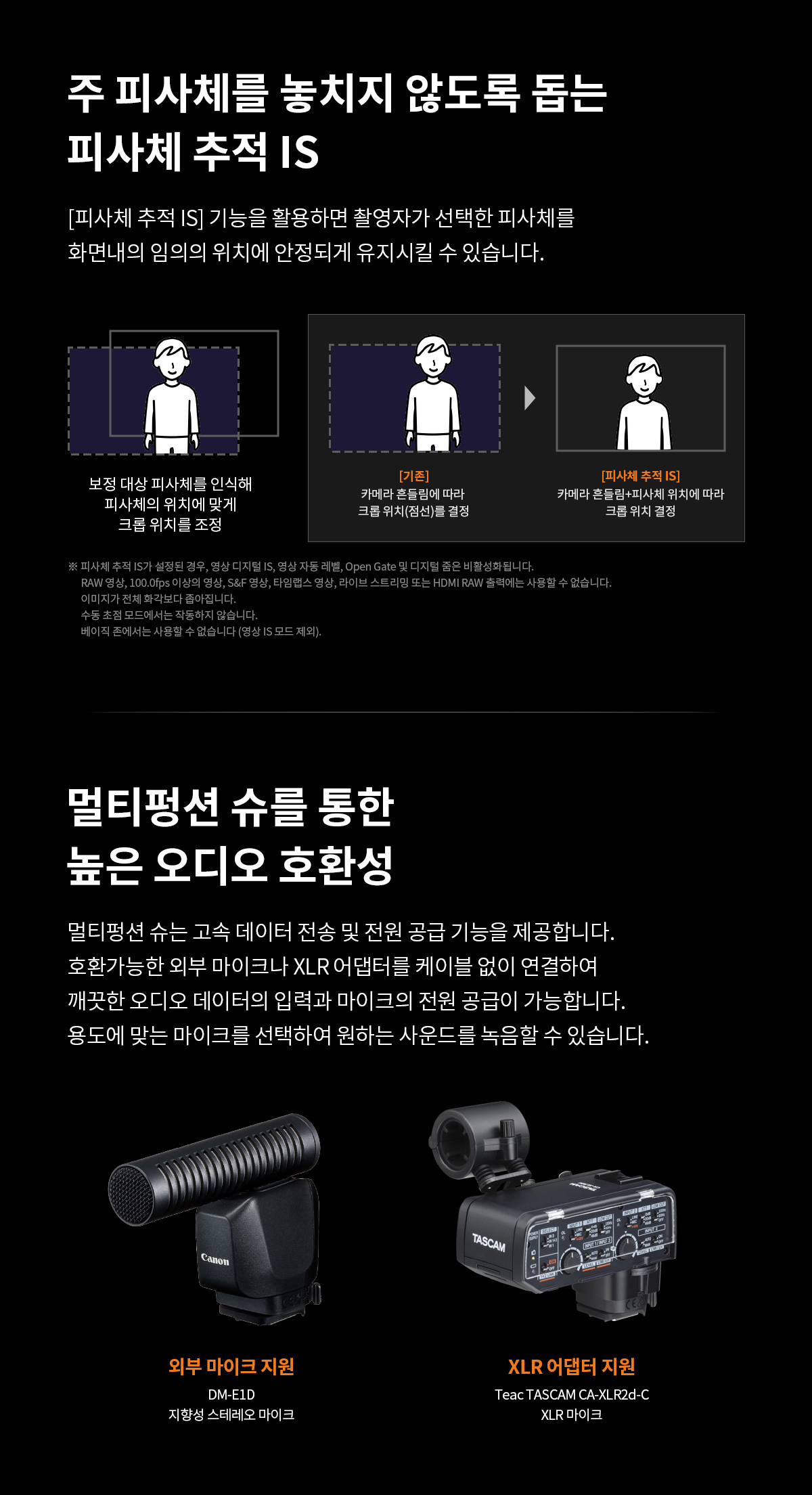 EOS R6 Mark III의 피사체 추적 IS 및 멀티펑션 슈 오디오 호환 기능을 설명하는 이미지