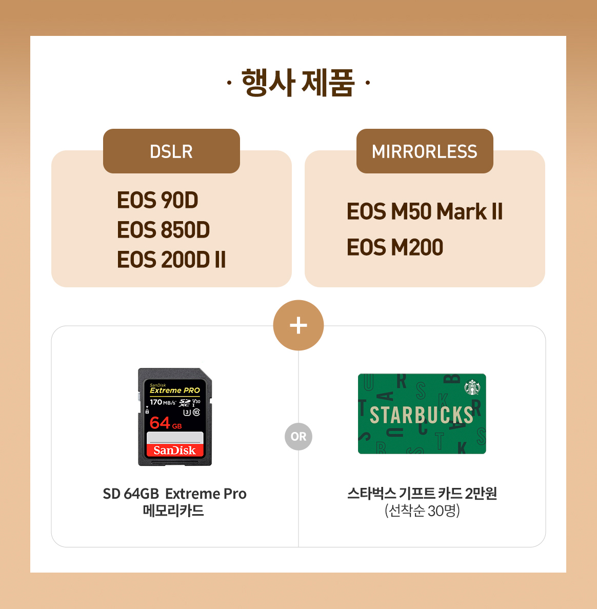 행사내용 DSLR(EOS 90D, EOS 850D, EOS 200D II), MIRRORLESS(EOS M50 Mark II, EOS M200) SD64GB Extreme Pro 메모리카드, 스타벅스 기트트 카드 2만원 (선착순 30명)