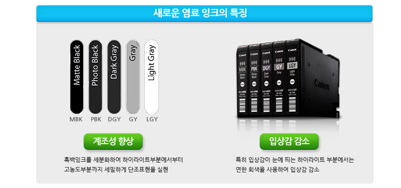 계조성 향상 흑백잉크를 세분화하여 하이라이트부분에서부터 고농도부분까지 세밀하게 단조표현을 실현 입상감 감소 특히 입상감이 눈에 띄는 하이라이트 부분에서는 연한 회색을 사용하여 입상감 감소