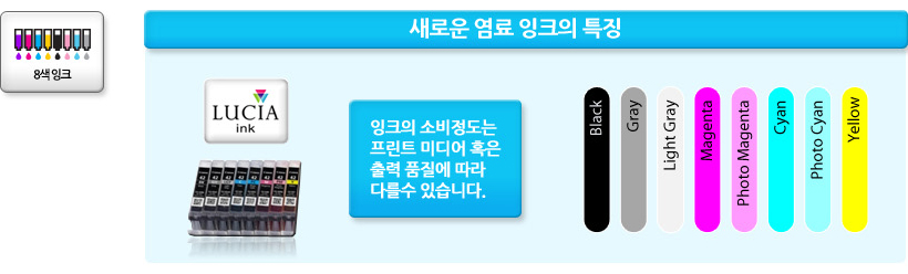 새로운 염료 잉크의 특징 이미지 예시 입니다.(black, gray, light gray, magenta, photo magenta, cyan, photo cyan, yellow)
