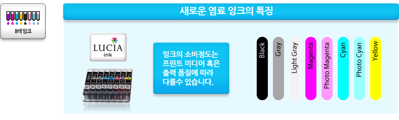 새로운 염료 잉크의 특징 이미지 입니다. (8색 black, gray, light gray, magenta, photo magenta, cyan, photo cyan, yellow)
