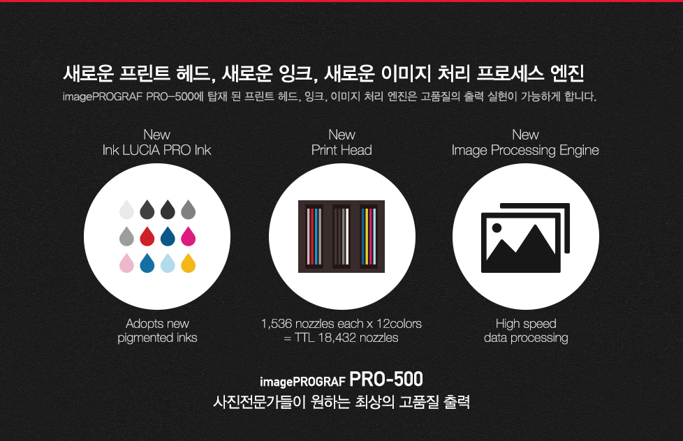 새로운 프린트 헤드, 새로운 잉크, 새로운 이미지 처리 프로세스 엔진Pro-500에 탑재된 트린트 헤드, 잉크, 이미지 처리 엔진은 고품질의 출력 실현이 가능하게 합니다.사진전문가들이 원하는 최상의 고품질 출력