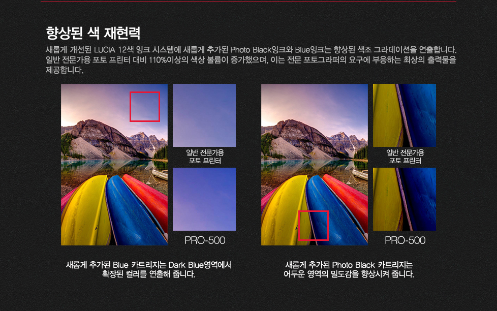 향상된 색 재현력새롭게 개선된 lucia 12색 잉크 시스템에 새롭게 추가된 photo black잉크와 blue잉크는 향상된 색조 그라데이션을 연출합니다. 일반 전문가용 포토 프린터 대비 110%이상의 색상 볼륨이 증가했으며, 이는 전문 포토그라퍼의 요구에 부응하는 최상의 출력물을 제공합니다.