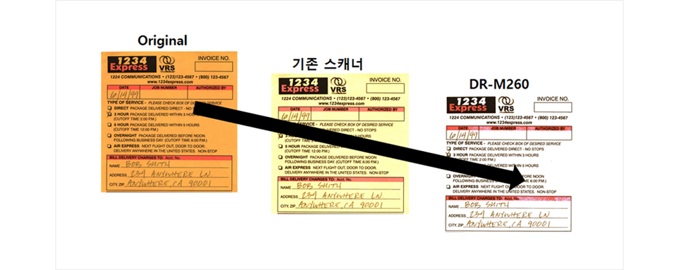 바탕색 제거 기능 향상 DR 프로세서의 탑재에 의해 뒷면 비침/바탕색 제거 기능의 화질도 개선 되었습니다. 보다 뒷면 비침이나 바탕색이 적은 OCR에 적합한 스캔 이미지를 생성합니다. 