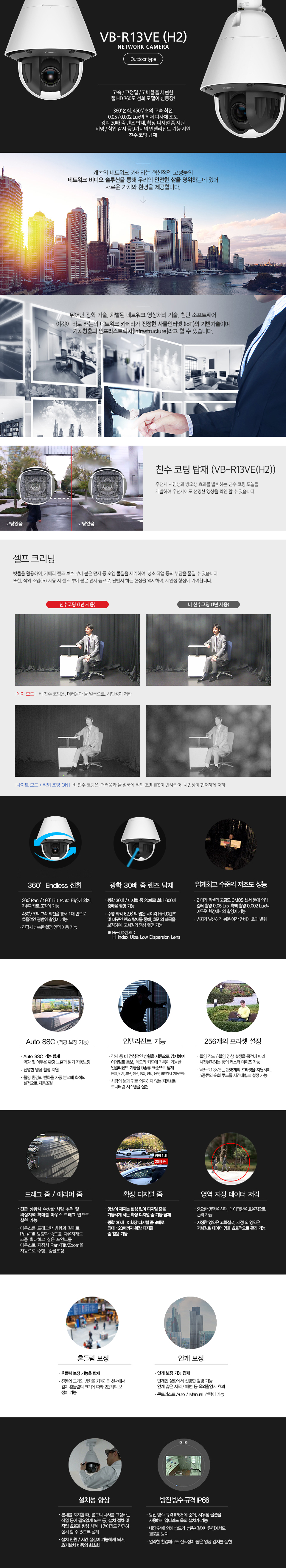 VB-R13VE(H2) NETWORK CAMERA2메가픽셀 FULL HD 광학 30배 선회형 네트워크 카메라 (옥외 모델) 360º 선회, 450º/초의 고속 회전0.05 / 0.002 Lux 의 최저 피사체 조도광학 30배 줌 렌즈 탑재, 확장 디지털 줌 지원비명 / 침입 감지 등 9가지의 인텔리전트 기능 지원시인성 / 방오성 효과를 발휘하는 친수 코팅 탑재Canon 정품 고성능 렌즈 탑재F1.6 (W)의 렌즈를 채용, 저조도 환경에서 효과를 발휘하며, 근적외선의 투과율을 향상 시켜 고스트 현상을 억제합니다. 또한, 줌 전역에서 고 해상도를 실현하는 광학 20배 줌 렌즈를 탑재 하였습니다.업계 최고 수준의 저조도 성능2 메가 픽셀의 고감도 CMOS 센서 등에 의해, 컬러 촬영 시에는 0.06 Lux, 흑백 촬영 시에는 0 Lux의 어두운 환경에서의 촬영이 가능하여 범죄가 발생하기 쉬운 야간 경비에 효과를 발휘합니다. 친수 코팅 탑재 VB-R13VE(H2)우천시 시인성과 방오성 효과를 발휘하는 친수 코팅 모델을 개발하여 우천시에도 선명한 영상을 확인 할 수 있습니다.또한, 우천 시 빗물을 활용, 카메라 렌즈 보호 부에 붙은 오염물질을 제거하여, 청소 작업 등의 부담을 경감시킬 수 있습니다.선명 IR 모드 지원적외선 특정 파장 영역만에서 촬영을 하는 선명 IR 모드를 탑재가시광선을 차단하고, 근적외선을 투과시키는 적외선 밴드 패스 필터를 사용, 헤드라이트 불빛 등으로 식별이 불가능한 약간의 차량 번호판 등도 확인이 가능합니다.확장 디지털 줌영상이 깨지는 현상 없이 디지털 줌을 가능하게 하는 확장 디지털 줌 기능을 탑재. VB-R13VE(H2)의 경우 최대 80배 (광학 20배 X 확장 디지털 줌 4배) 까지 확장 디지털 줌 기능을 지원합니다.Auto SSC (역광 보정 기능)역광 및 어두운 환경에서 노출 보정과 밝기 보정을 자동 조정하는 Auto SSC 기능을 탑재, 보다 선명한 영상 촬영을 지원합니다.Auto SSC 기능을 통해, 햇빛이 강한 지역 등 다양한 촬영 환경의 변화를 자동 분석, 최적의 설정으로 자동 조정합니다.인텔리전트 기능감시 중 비 정상적인 상황을 자동으로 감지하여 이메일로 통보하거나 메모리 카드에 기록이 가능한 인텔리전트 기능을 8종류 표준 탑재 하였습니다.(동체, 방치, 도난, 장난, 통과, 침입, 음량, 비명 감지)사람의 눈과 귀를 의지하지 않는 자동화된 모니터링 시스템을 실현하고 감시의 효율화에 기여합니다.영역 지정 데이터 저감중요한 영역을 선택하여, 데이터량을 효율적으로 관리 가능합니다. 지정한 영역은 고화질로, 지정 외 영역은 저화질로 전달 하는 등 전체 데이터 양을 효율적으로 관리 가능합니다.데이터량 억제 (NR : Noise Reduction)연속적인 영상을 필터링 하여, 노이즈를 억제 시키는 기능으로,영상 내의 움직임을 자동으로 감지, Noise Reduction의 강도를 자동으로 제어, 데이터 크기를 감소 시킵니다.흔들