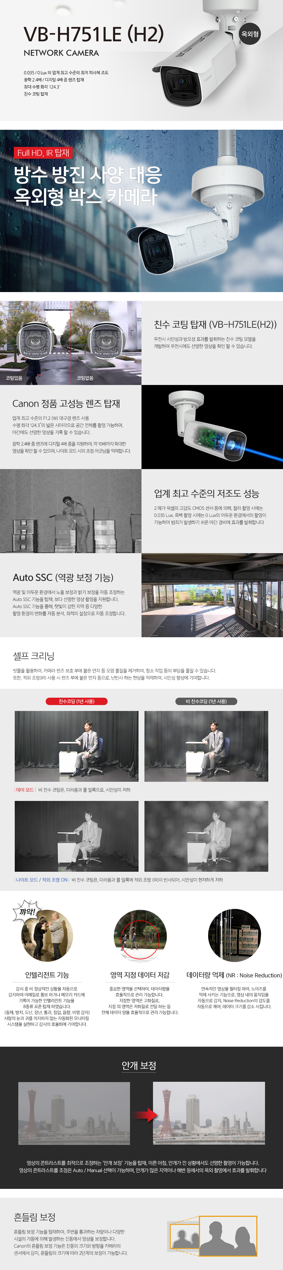 VB-751LE(H2) NETWORK CAMERA메가픽셀 FULL HD 광학 2.4배 IR 대응 고정 박스 타입 네트워크 카메라 (옥외 모델) 0.035 / 0 Lux 의 저조도 대응광학 2.4배 / 디지털 4배 줌 렌즈 탑재최대 수평 화각 124.3º시인성 향상 / 방오성 효과를 발휘하는 친수 코팅 탑재Canon 정품 고성능 렌즈 탑재F1.6 (W)의 렌즈를 채용, 저조도 환경에서 효과를 발휘하며, 근적외선의 투과율을 향상 시켜 고스트 현상을 억제합니다. 또한, 줌 전역에서 고 해상도를 실현하는 광학 2.4배 줌 렌즈를 탑재 하였습니다.업계 최고 수준의 저조도 성능2 메가 픽셀의 고감도 CMOS 센서 등에 의해, 컬러 촬영 시에는 0.06 Lux, 흑백 촬영 시에는 0 Lux의 어두운 환경에서의 촬영이 가능하여 범죄가 발생하기 쉬운 야간 경비에 효과를 발휘합니다. 친수 코팅 탑재 VB-751LE(H2)우천시 시인성과 방오성 효과를 발휘하는 친수 코팅 모델을 개발하여 우천시에도 선명한 영상을 확인 할 수 있습니다.또한, 우천 시 빗물을 활용, 카메라 렌즈 보호 부에 붙은 오염물질을 제거하여, 청소 작업 등의 부담을 경감시킬 수 있습니다.선명 IR 모드 지원적외선 특정 파장 영역만에서 촬영을 하는 선명 IR 모드를 탑재가시광선을 차단하고, 근적외선을 투과시키는 적외선 밴드 패스 필터를 사용, 헤드라이트 불빛 등으로 식별이 불가능한 약간의 차량 번호판 등도 확인이 가능합니다.확장 디지털 줌영상이 깨지는 현상 없이 디지털 줌을 가능하게 하는 확장 디지털 줌 기능을 탑재. VB-751LE(H2)의 경우 최대 80배 (광학 2.4배 X 확장 디지털 줌 4배) 까지 확장 디지털 줌 기능을 지원합니다.Auto SSC (역광 보정 기능)역광 및 어두운 환경에서 노출 보정과 밝기 보정을 자동 조정하는 Auto SSC 기능을 탑재, 보다 선명한 영상 촬영을 지원합니다.Auto SSC 기능을 통해, 햇빛이 강한 지역 등 다양한 촬영 환경의 변화를 자동 분석, 최적의 설정으로 자동 조정합니다.인텔리전트 기능감시 중 비 정상적인 상황을 자동으로 감지하여 이메일로 통보하거나 메모리 카드에 기록이 가능한 인텔리전트 기능을 8종류 표준 탑재 하였습니다.(동체, 방치, 도난, 장난, 통과, 침입, 음량, 비명 감지)사람의 눈과 귀를 의지하지 않는 자동화된 모니터링 시스템을 실현하고 감시의 효율화에 기여합니다.영역 지정 데이터 저감중요한 영역을 선택하여, 데이터량을 효율적으로 관리 가능합니다. 지정한 영역은 고화질로, 지정 외 영역은 저화질로 전달 하는 등 전체 데이터 양을 효율적으로 관리 가능합니다.데이터량 억제 (NR : Noise Reduction)연속적인 영상을 필터링 하여, 노이즈를 억제 시키는 기능으로,영상 내의 움직임을 자동으로 감지, Noise Reduction의 강도를 자동으로 제어, 데이터 크기를 감소 시킵니다.흔들림 보정흔들림 보정 기능을 탑재하여, 주변을 통과하