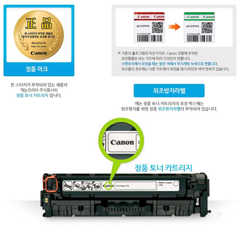 정품마크 본스티커가 부작되어 있는 제품이 캐논코리아 비즈니스솔루션(주)의 정품 토너 카트리지 입니다