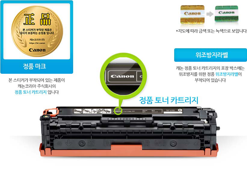 캐논코리아 비즈니스솔루션(주)의 정품 토너 카트리지 정품 마크 이미지입니다. 캐논 정품 토너 카트리지의 포장 박스에는 위조방지를 위한 정품 위조방지라벨이 부착되어 있습니다. 각도에 따라 금색 또는 녹색으로 보이는 라벨의 이미지입니다.
