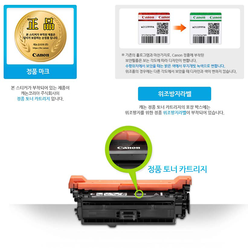 정품마크 본스티커가 부작되어 있는 제품이 캐논코리아 비즈니스솔루션(주)의 정품 토너 카트리지 입니다